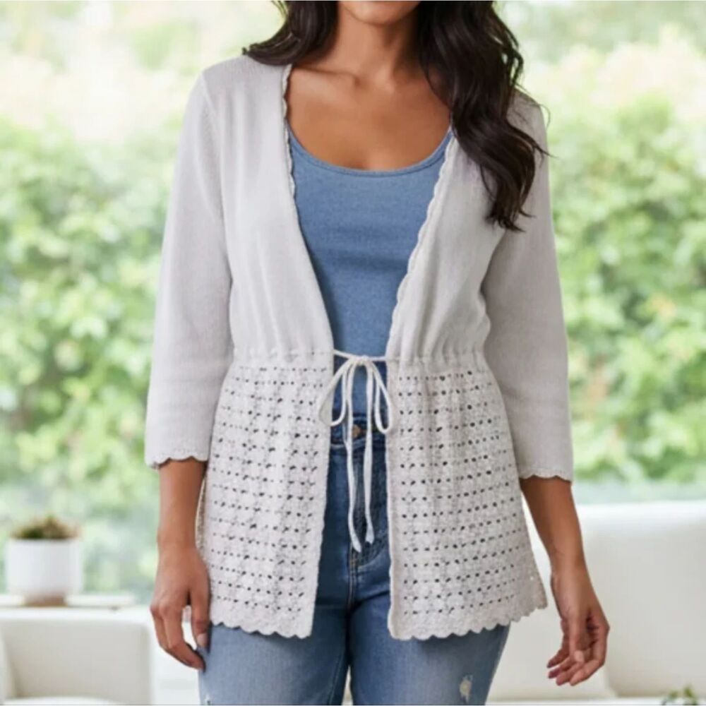LOFT | White Crochet Lace Pointelle Tie-Front Cardigan Shrug M Grandmacore